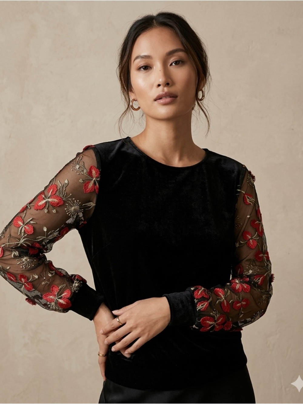Eva Franco Rios Velvet Embroidered Sleeve Top Cardinal M NWT